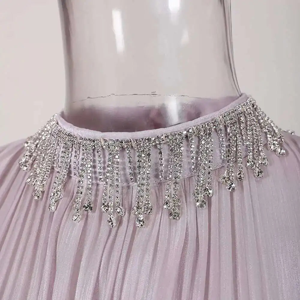 UCXQ Elegant Long Dress French Style Tassels Diamonds Fold Waist Ruffled Edges Evening Dresses Women 2025 Spring Autumn 3WQ8194