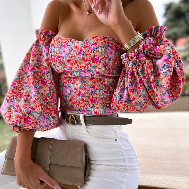 chemises et blouses sexy,chemisier courte fleuris blanche femme nouvelle collection 2024,vêtements femmes tendances 2024,blouse a épaule dénudé manche longue femme,haut dos nus femme elegant chic