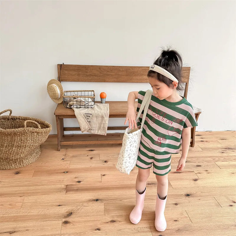 deer jonmi 2024 Summer Korean Style Unisex Kids Striped Outfits Embroidery Loose Tops Shorts 2pcs Toddlers Kids Clothing Sets
