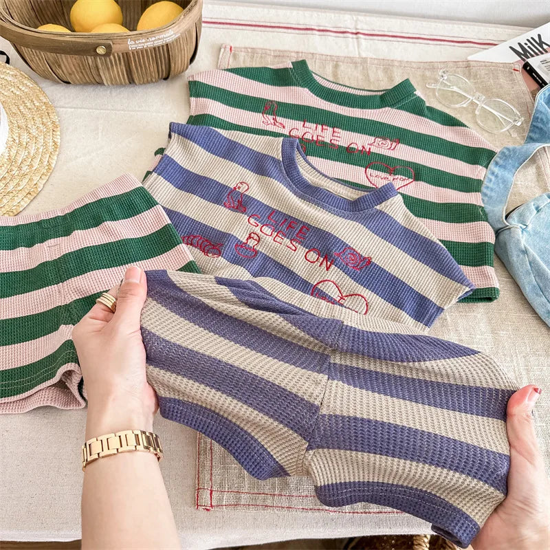 deer jonmi 2024 Summer Korean Style Unisex Kids Striped Outfits Embroidery Loose Tops Shorts 2pcs Toddlers Kids Clothing Sets