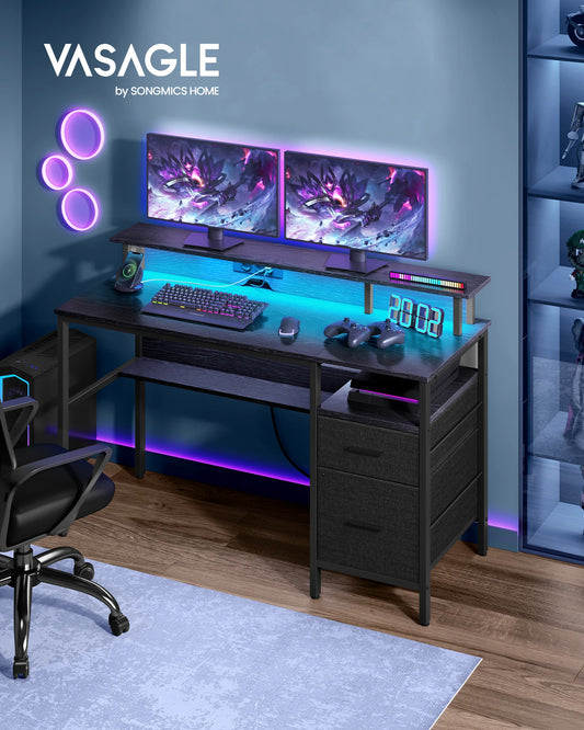 VASAGLE Bureau Gaming avec Lumières LED et Multiprise, Bureau Informatique avec Support d'Écran, Table avec Rangement, 2 Tiroirs en Tissu, 2 Ports USB, pour Bureau