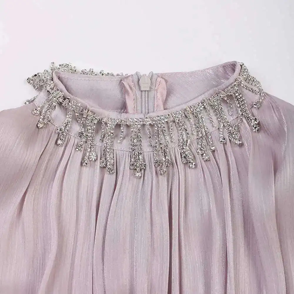 UCXQ Elegant Long Dress French Style Tassels Diamonds Fold Waist Ruffled Edges Evening Dresses Women 2025 Spring Autumn 3WQ8194