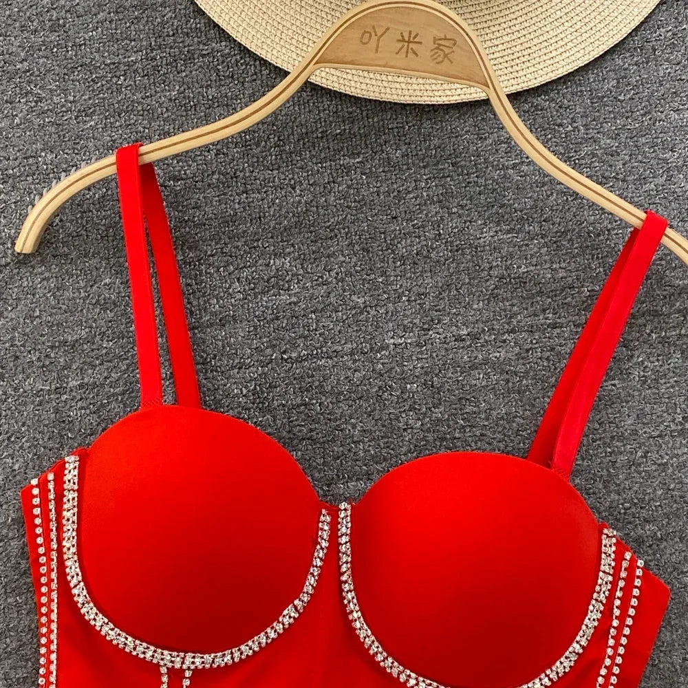 Femmes Chic glands coussinets strass basique Corset bretelles Camis mince chaud Sexy mode nu nombril dos nu hauts femmes haut court
