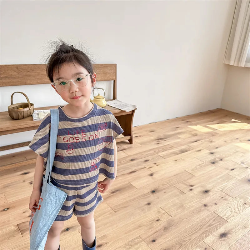 deer jonmi 2024 Summer Korean Style Unisex Kids Striped Outfits Embroidery Loose Tops Shorts 2pcs Toddlers Kids Clothing Sets