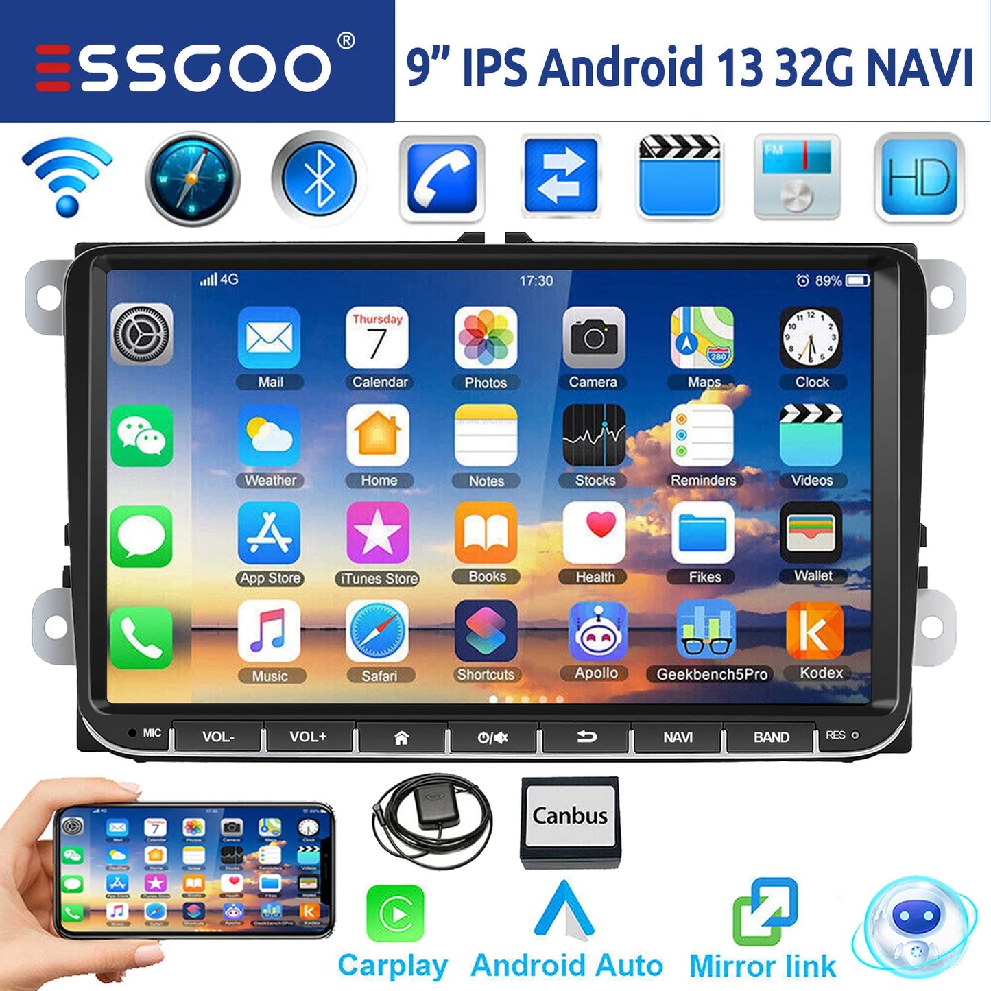 ESSGOO-Autoradio Android 14 de 9 Pouces, 4 Go/64 Go, Navigation GPS N183, WiFi, RDS, FM, BT, pour Voiture VW Golf 5/6, Passat, Polo, Touran, Tiguan, Caddy, EOS