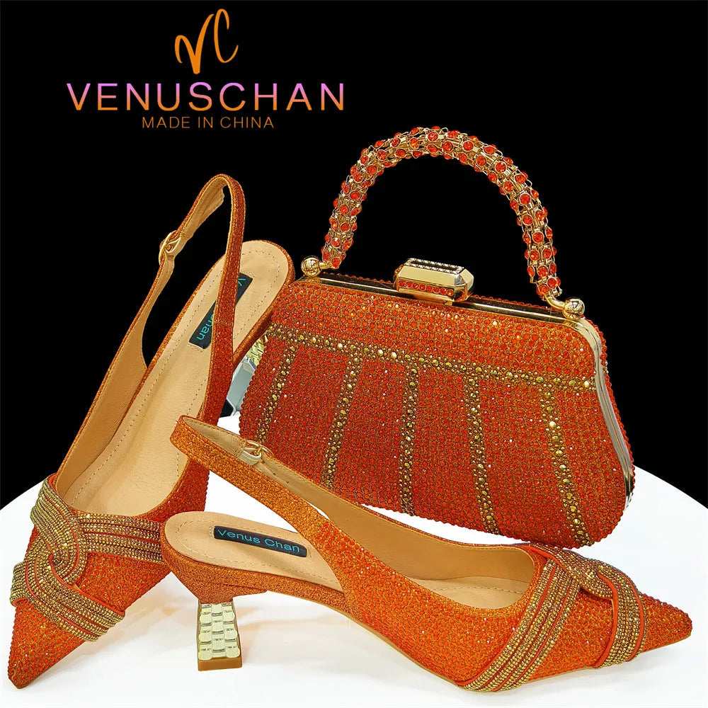 Venus Chan 2024 Design spécial haute qualité couleur Orange femmes africaines chaussures et sac ensemble avec cristal brillant pour la fête de mariage