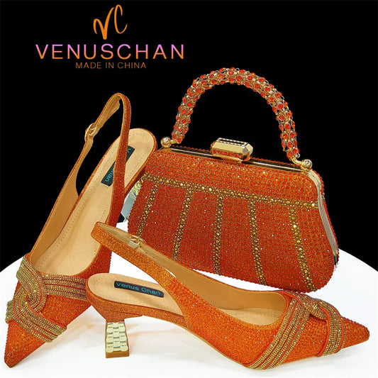 Venus Chan 2024 Design spécial haute qualité couleur Orange femmes africaines chaussures et sac ensemble avec cristal brillant pour la fête de mariage