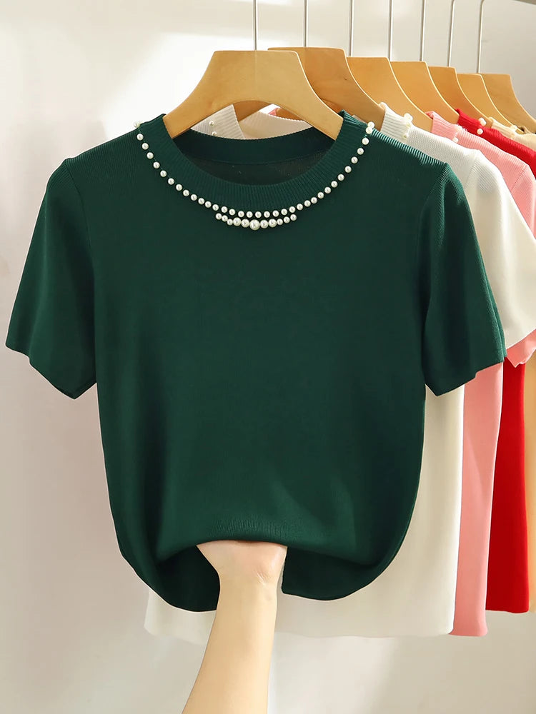 Corée tricoté T-shirt femmes haut solide réservoir Y2K été nouvelle mode femme sans manches perles décontracté mince hauts 2025