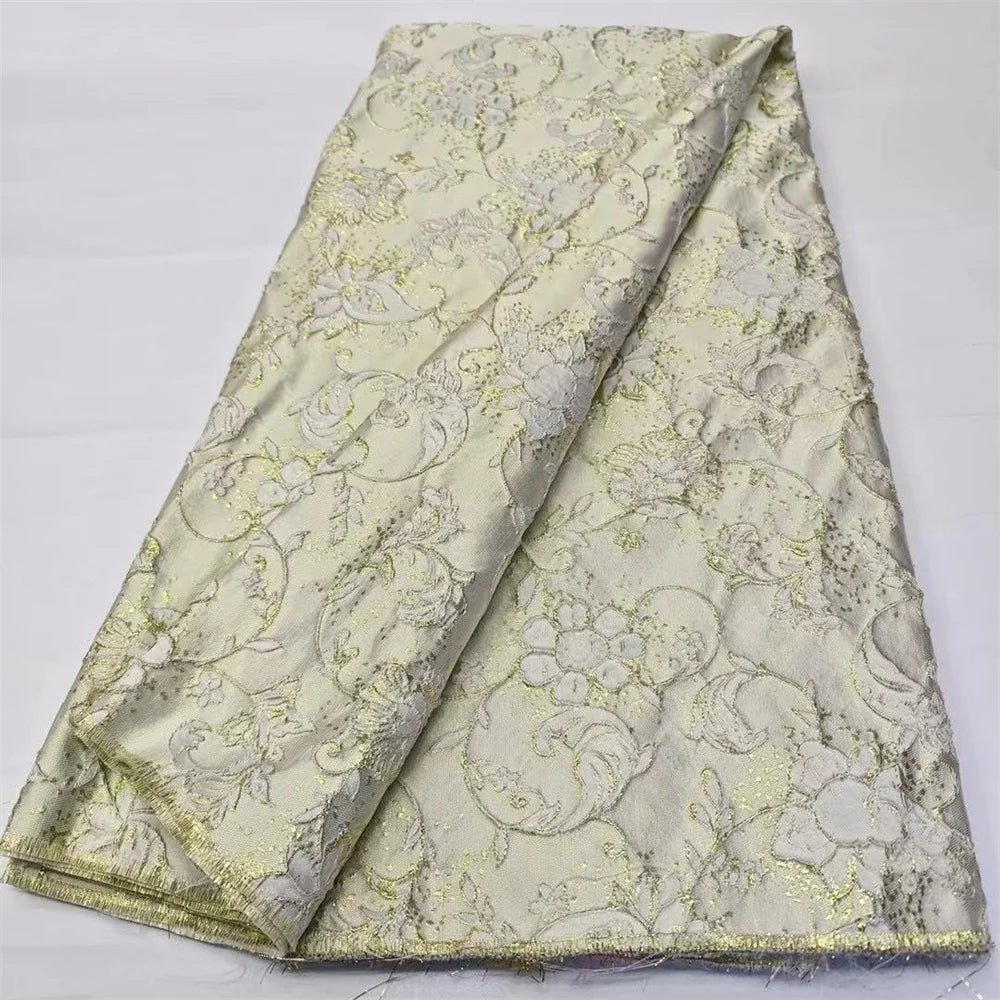 Tissu de luxe Jacquard brocart africain jaune pour femmes nigérianes, motif Floral damassé doré, matériel pour robe en dentelle, Brocard Tissu 5 Yard DB14