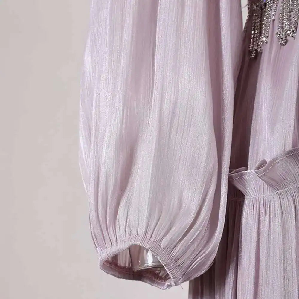UCXQ Elegant Long Dress French Style Tassels Diamonds Fold Waist Ruffled Edges Evening Dresses Women 2025 Spring Autumn 3WQ8194