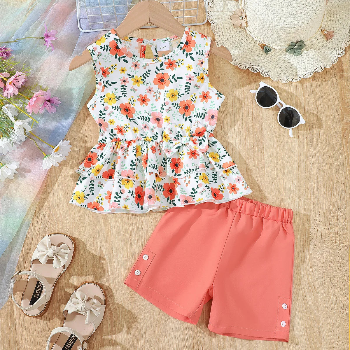 2PCS Children Girls Little Fresh Clothing Set Floral Sleeveless Top + Shorts Sweet Lovely Fashion Costume for Kid Girl 4-7 Years