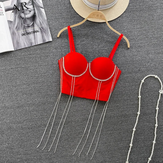 Femmes Chic glands coussinets strass basique Corset bretelles Camis mince chaud Sexy mode nu nombril dos nu hauts femmes haut court