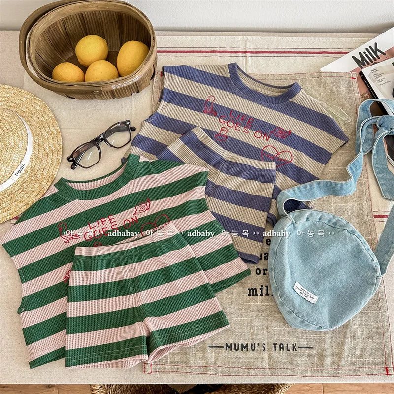 deer jonmi 2024 Summer Korean Style Unisex Kids Striped Outfits Embroidery Loose Tops Shorts 2pcs Toddlers Kids Clothing Sets