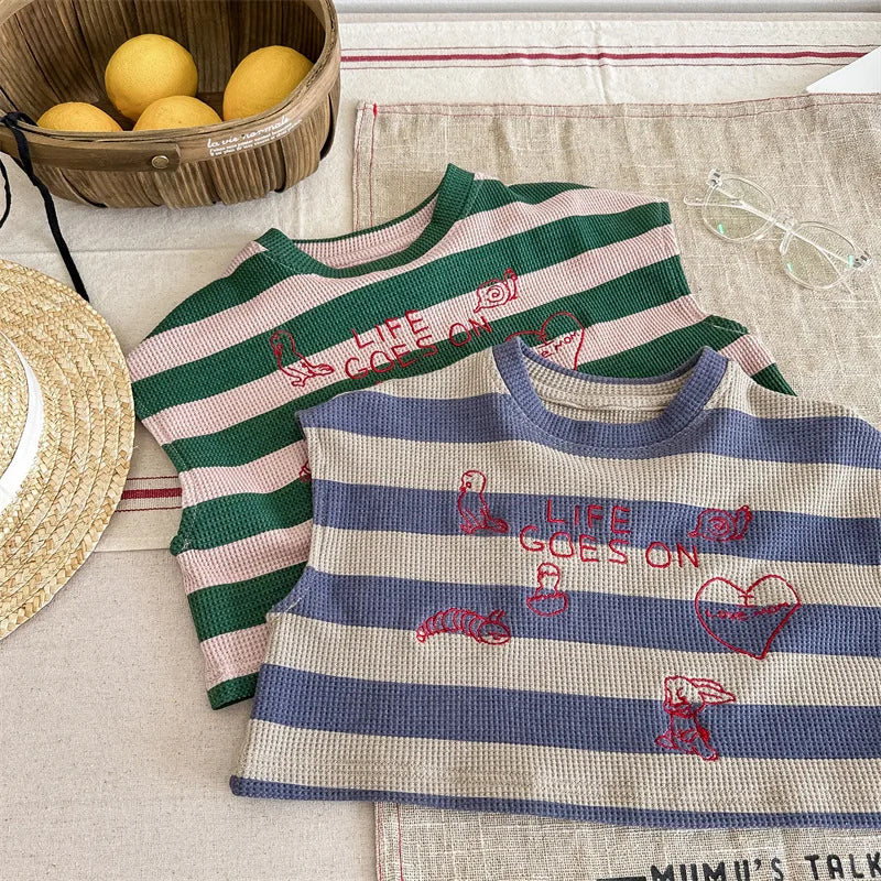 deer jonmi 2024 Summer Korean Style Unisex Kids Striped Outfits Embroidery Loose Tops Shorts 2pcs Toddlers Kids Clothing Sets