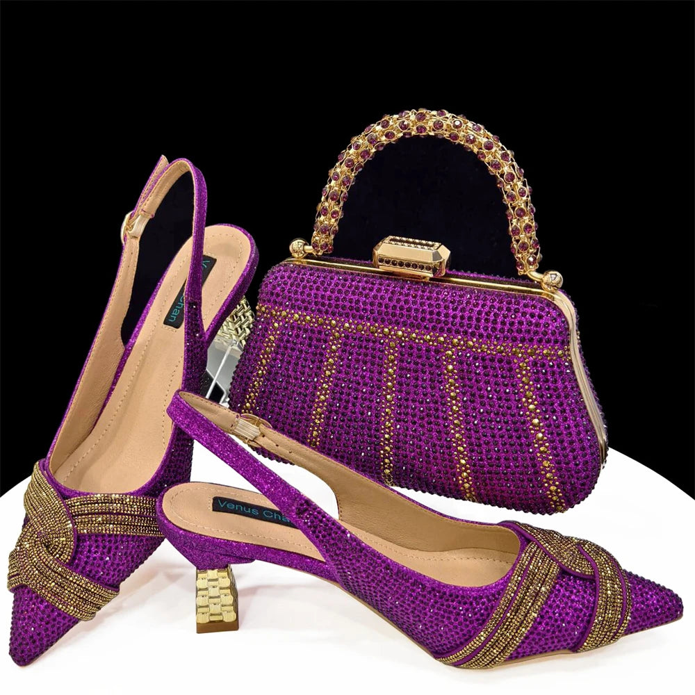 Venus Chan 2024 Design spécial haute qualité couleur Orange femmes africaines chaussures et sac ensemble avec cristal brillant pour la fête de mariage