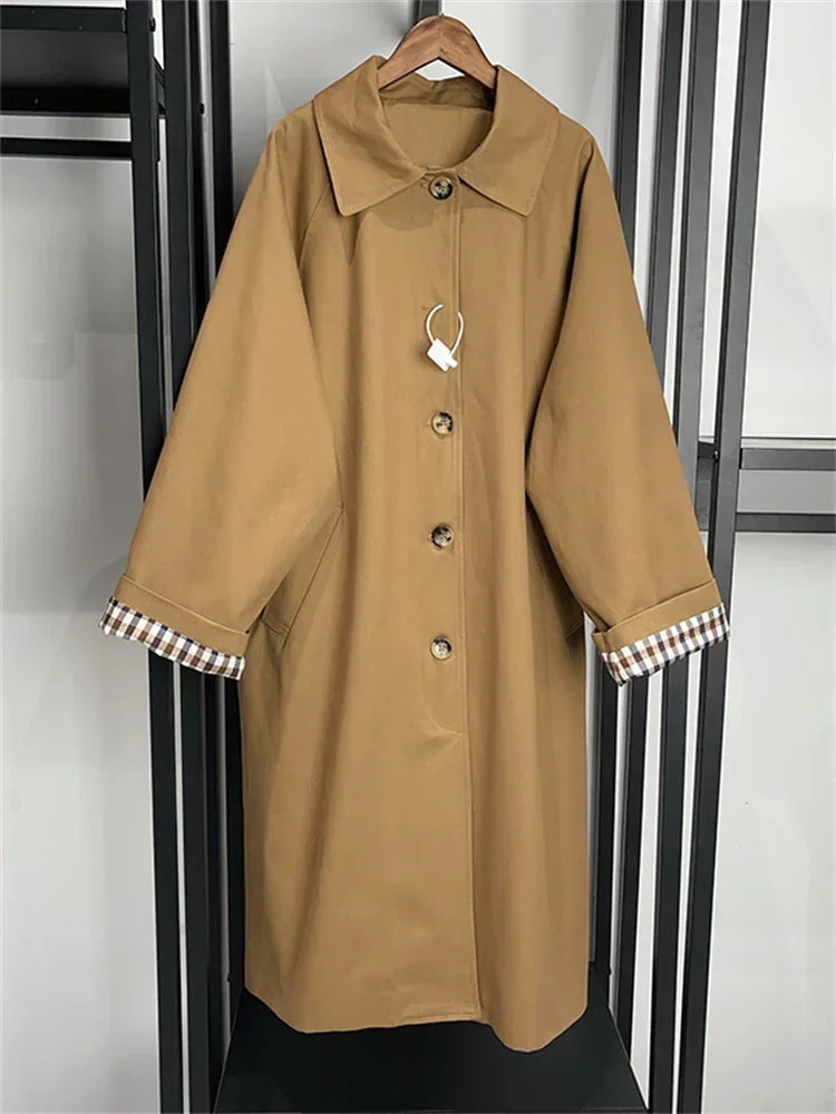 Trench-Coat classique mi-long pour femme, doublure à carreaux, simple boutonnage, col rabattu, coupe-vent ample, automne hiver