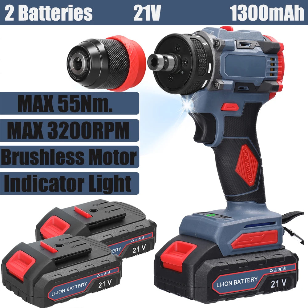 Tournevis électrique sans fil 2 en 1, perceuse, moteur sans balais, couple 45/55Nm, régulation de vitesse en continu, perceuse à pilote au Lithium portable