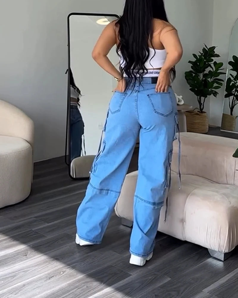 Jean en Denim pour femme, pantalon extensible, ample, Streetwear Y2K, nouveau pantalon Cargo élégant, Cool, bas à la mode pour fille, automne et printemps