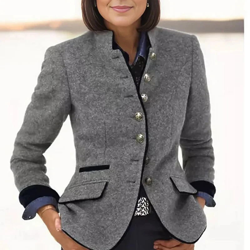 Veste Slim à simple boutonnage pour femme, manteau à col roulé et manches longues, avec poches élégantes, vêtements d'extérieur courts, rétro, blocage de couleur, hiver