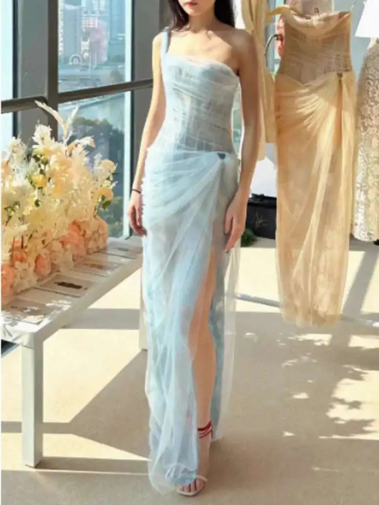 DEAT Women's Single Shoulder Spliced Lace Slit Long Dress 2025 Summer Solid Color Zipper Sleeveless Split Elegant Dresses 15C455