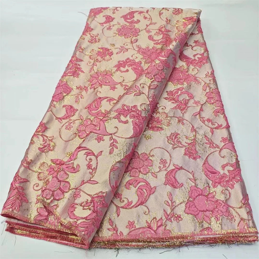 Tissu de luxe Jacquard brocart africain jaune pour femmes nigérianes, motif Floral damassé doré, matériel pour robe en dentelle, Brocard Tissu 5 Yard DB14