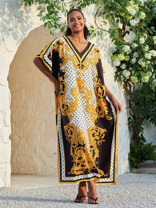 Tenues de plage pour femmes, cache-maillot de bain, robe caftan, tunique longue, Maxi, grande taille, maillot de bain imprimé Polyester