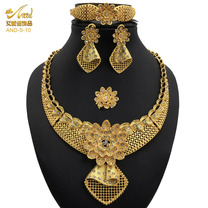 ANIID-Ensembles de bijoux africains pour femmes, boucles d'oreilles fleur, collier ras du cou, bracelet, hawaïen, indien, Dubaï, bijoux dorés, accessoires