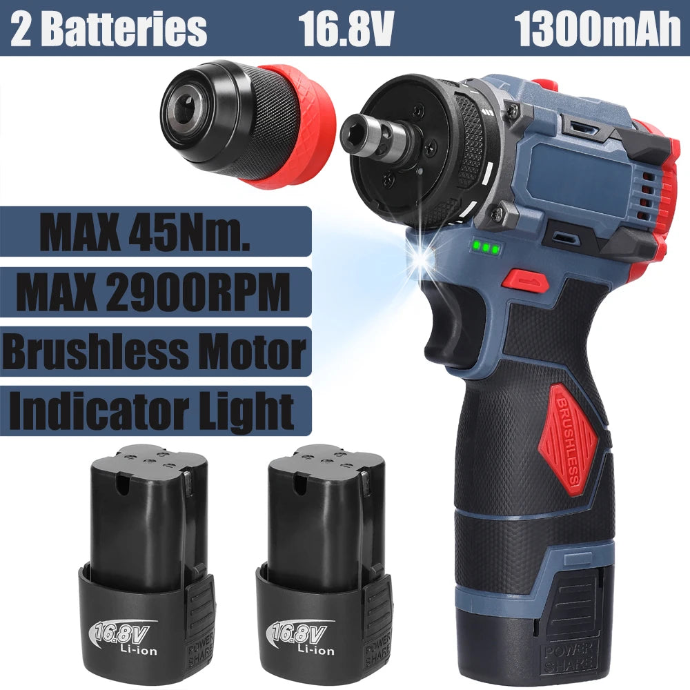 Tournevis électrique sans fil 2 en 1, perceuse, moteur sans balais, couple 45/55Nm, régulation de vitesse en continu, perceuse à pilote au Lithium portable