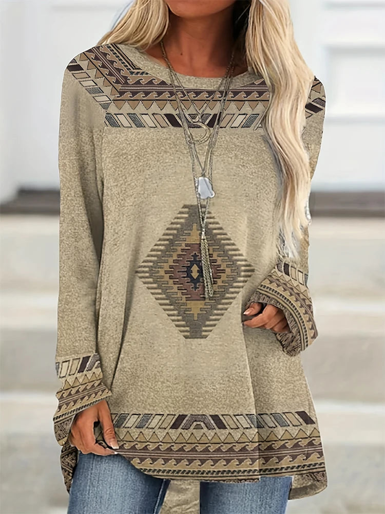 Grande taille femmes Vintage Style ethnique imprimé T-shirt ample manches longues Blouse décontracté col rond hauts sweat pull