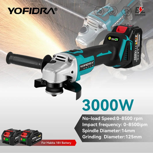 Yofidra 125mm meuleuse d'angle sans brosse 4 vitesses rectifieuse sans fil coupe travail du bois pour Makita 18V-21V batterie broche