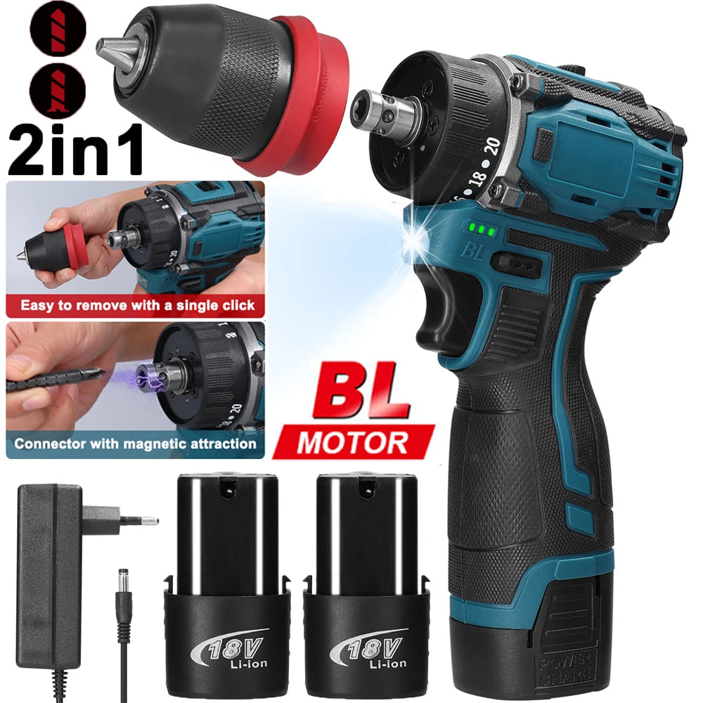 Tournevis électrique sans fil 2 en 1, perceuse, moteur sans balais, couple 45/55Nm, régulation de vitesse en continu, perceuse à pilote au Lithium portable