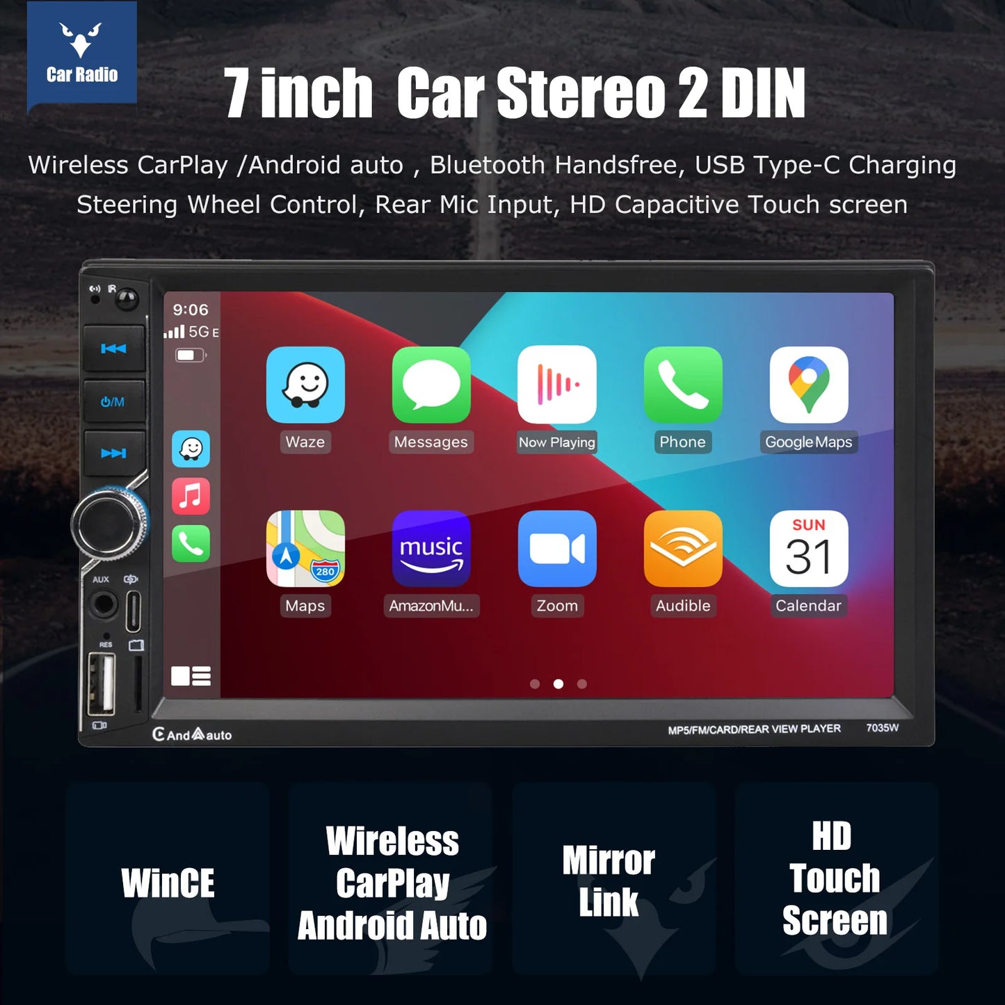 Unité principale autoradio ESSGOO 7 pouces sans fil Apple CarPlay Android Auto Double DIN Radio AUX FM Bluetooth USB TF Touchscreen Mirror Link