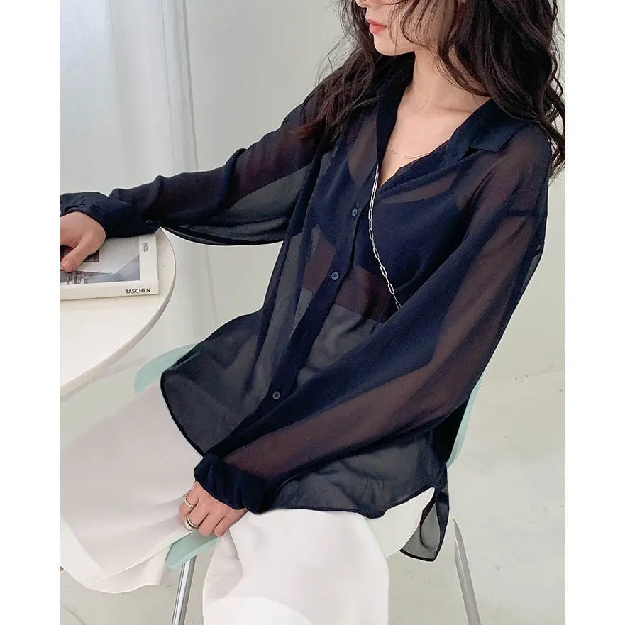 T-Shirts blancs transparents à manches longues pour femmes, chemisier d'été sexy, maille transparente, mode coréenne décontractée, cardigan boutonné, Y-Y2K