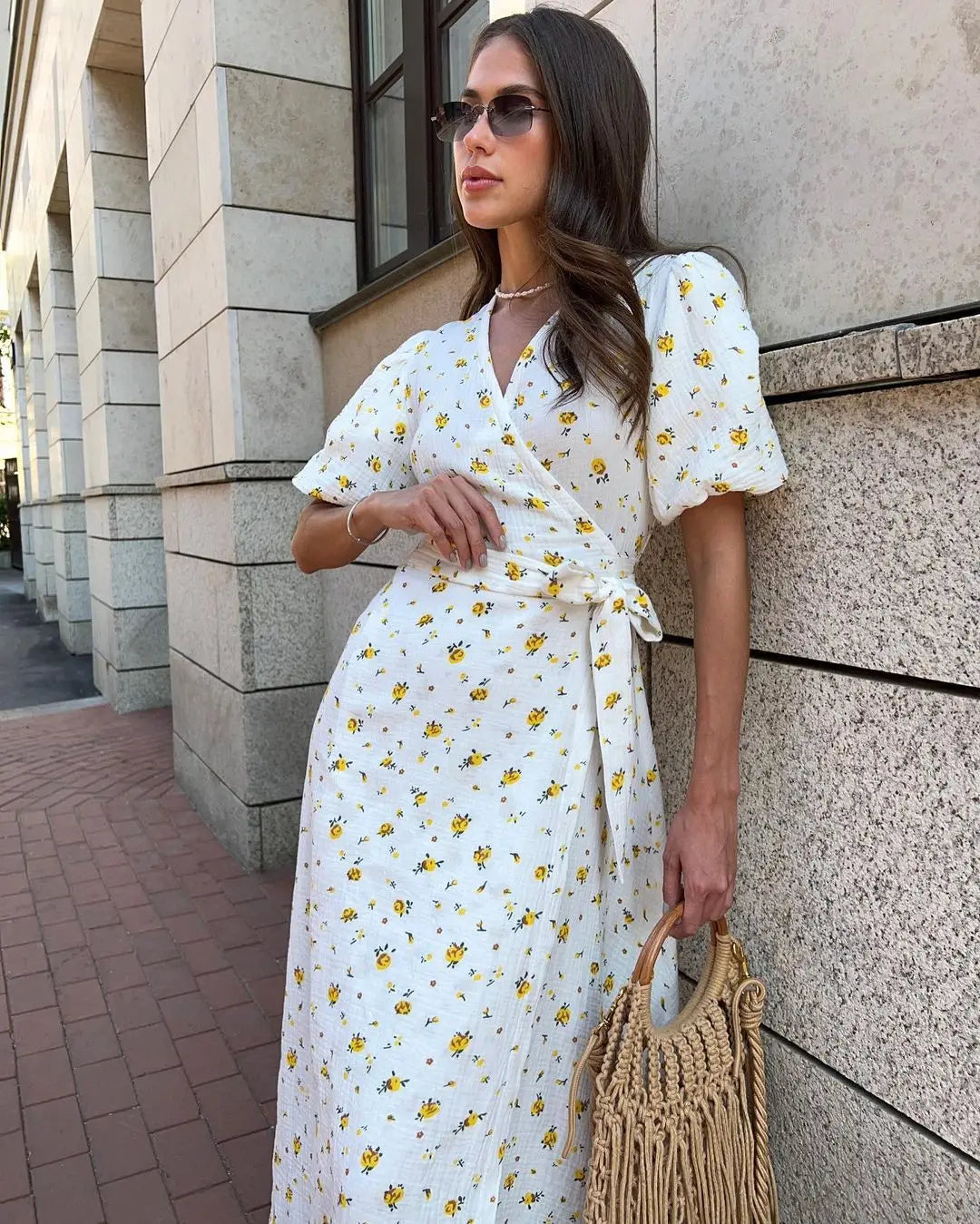 Bornladie Women Psrinted Lace Up Dress Summer Short Sleeve Fashion Office Lady Long Dress 100% Cotton Daily Casual V-neck Skirt