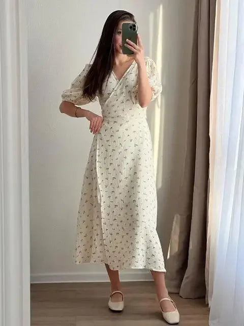Bornladie Women Psrinted Lace Up Dress Summer Short Sleeve Fashion Office Lady Long Dress 100% Cotton Daily Casual V-neck Skirt