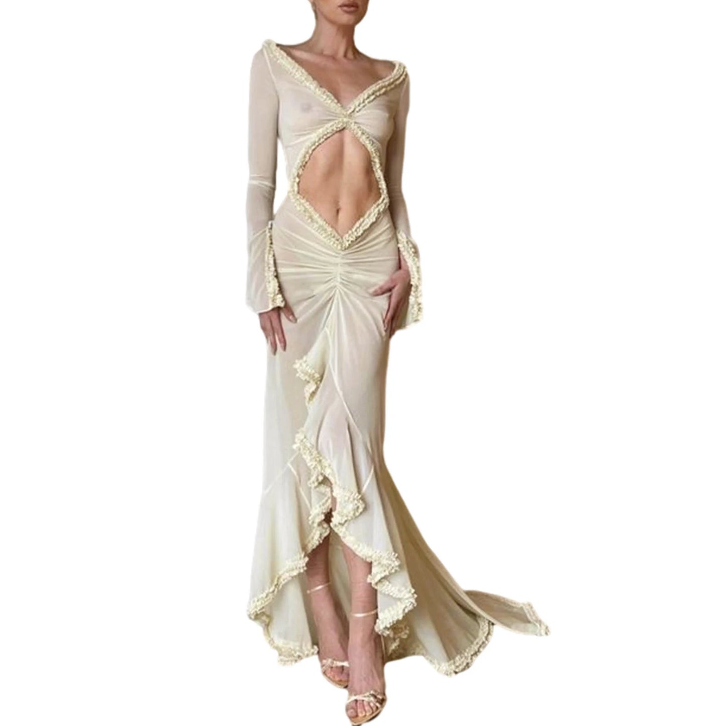 Women's Babydoll Lingerie Mesh Sheer Long Dress Sexy See-Through Long Sleeve Frill Trim V Neck Cutout Long Gown Night Dress