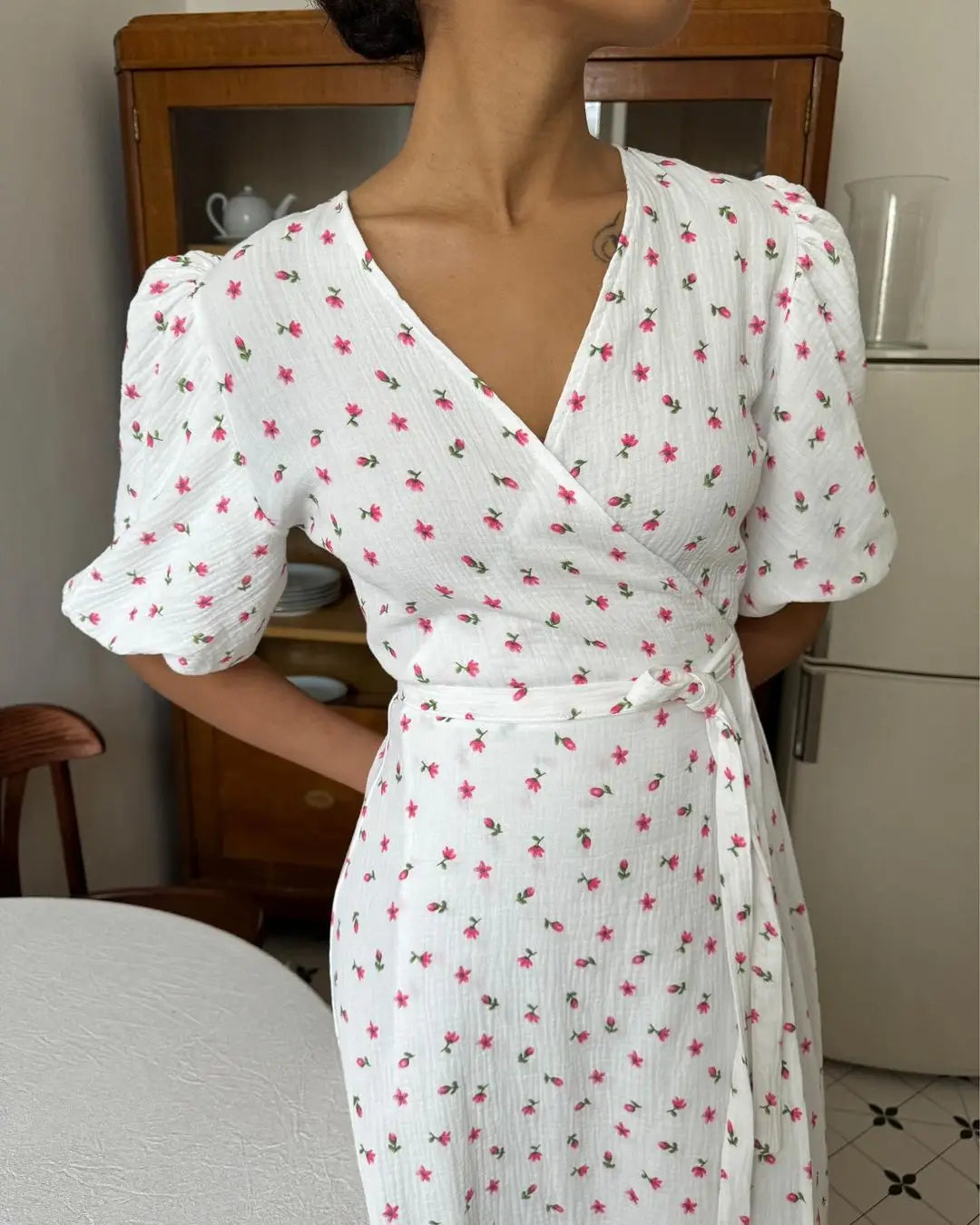 Bornladie Women Psrinted Lace Up Dress Summer Short Sleeve Fashion Office Lady Long Dress 100% Cotton Daily Casual V-neck Skirt