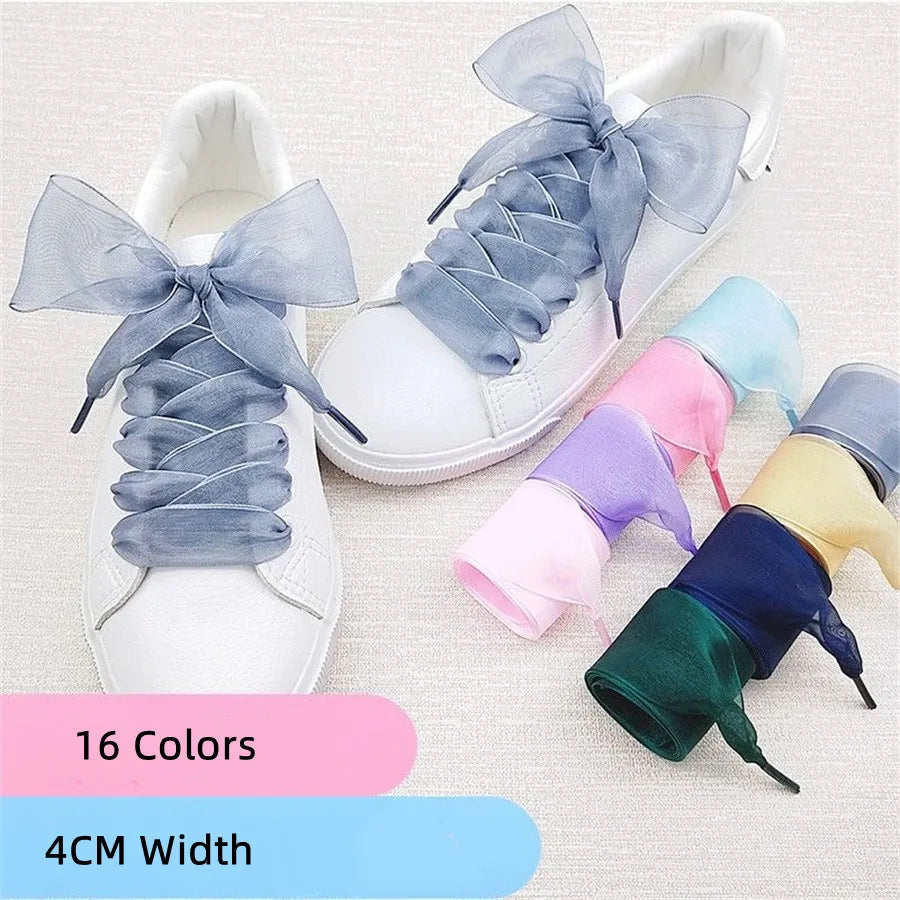 1 paire de cordes de chaussures en Organza de 4cm de large 60-180cm pour femmes, lacets plats en ruban de Satin de soie, baskets en toile, chaussures de Sport