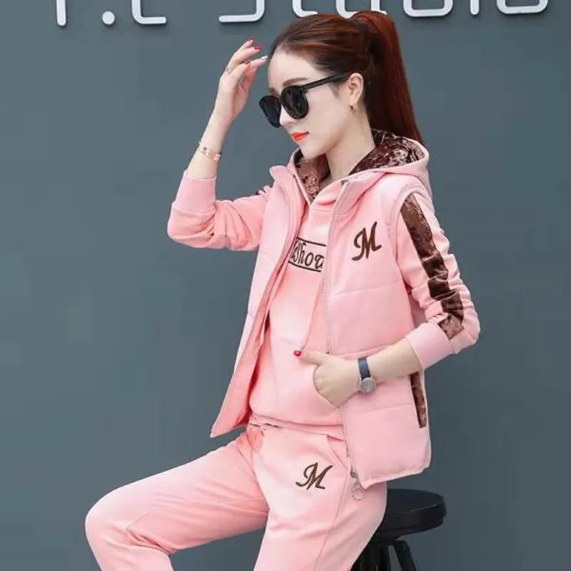3 pièces femmes ensembles ajouter polaire épais vêtements de sport automne hiver 2025 nouveau décontracté trois pièces mode sweat à capuche ensemble vêtements HTH951