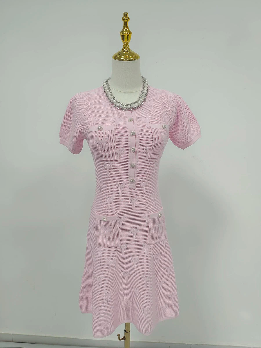 VGH – ensemble deux pièces tricoté pour femmes, col rond, perles épissées, manches courtes, taille haute, Mini robe avec écharpe, tenue unie, nouvelle collection