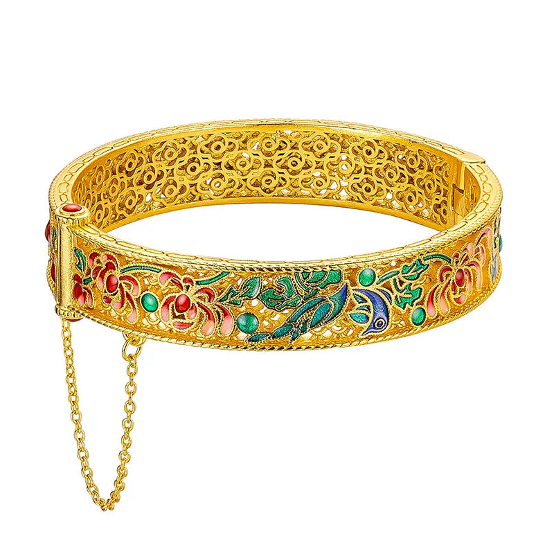 AU999 or méthode ancienne creux 24K bracelet en or véritable femmes léger luxe émail bleu palais style filigrane bracelet