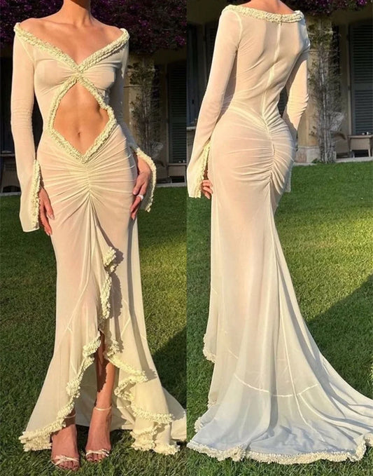 Women's Babydoll Lingerie Mesh Sheer Long Dress Sexy See-Through Long Sleeve Frill Trim V Neck Cutout Long Gown Night Dress