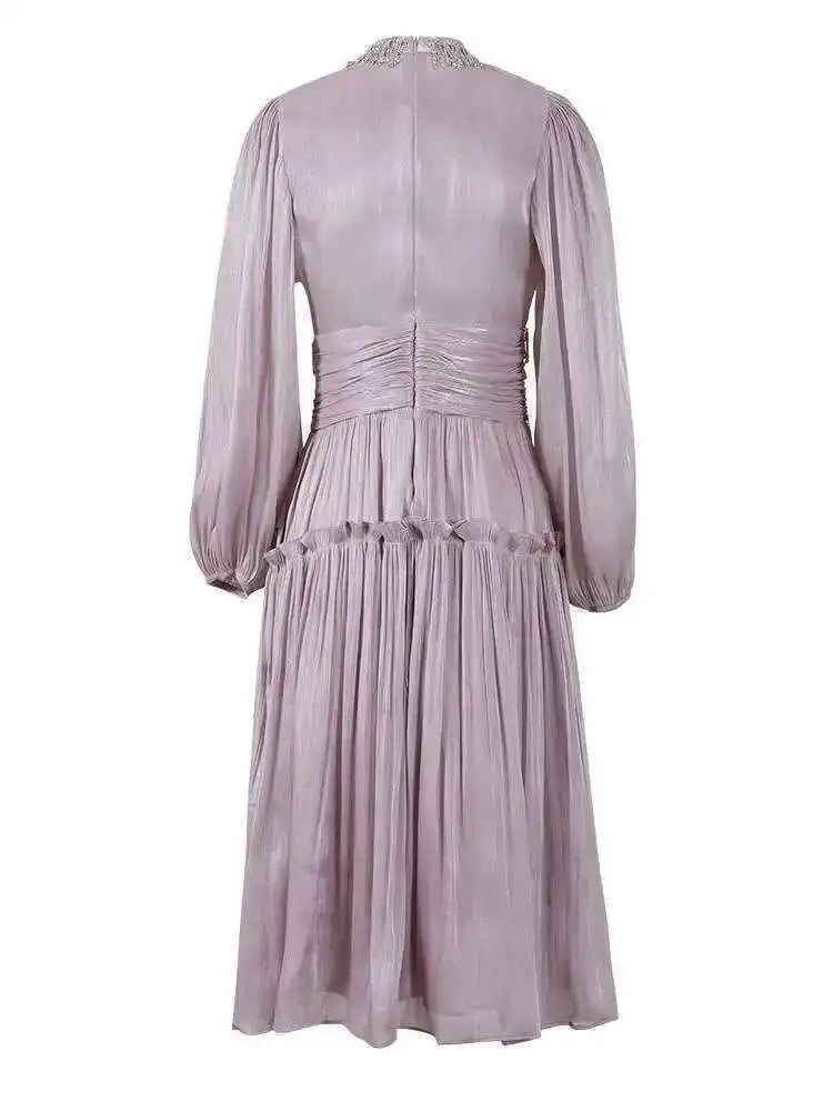UCXQ Elegant Long Dress French Style Tassels Diamonds Fold Waist Ruffled Edges Evening Dresses Women 2025 Spring Autumn 3WQ8194