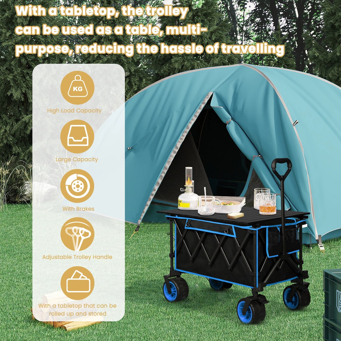 Chariot de jardin pliable avec roues à plateau amovibles, chariot de Transport de grande capacité pour pique-nique plage Camping Shopping