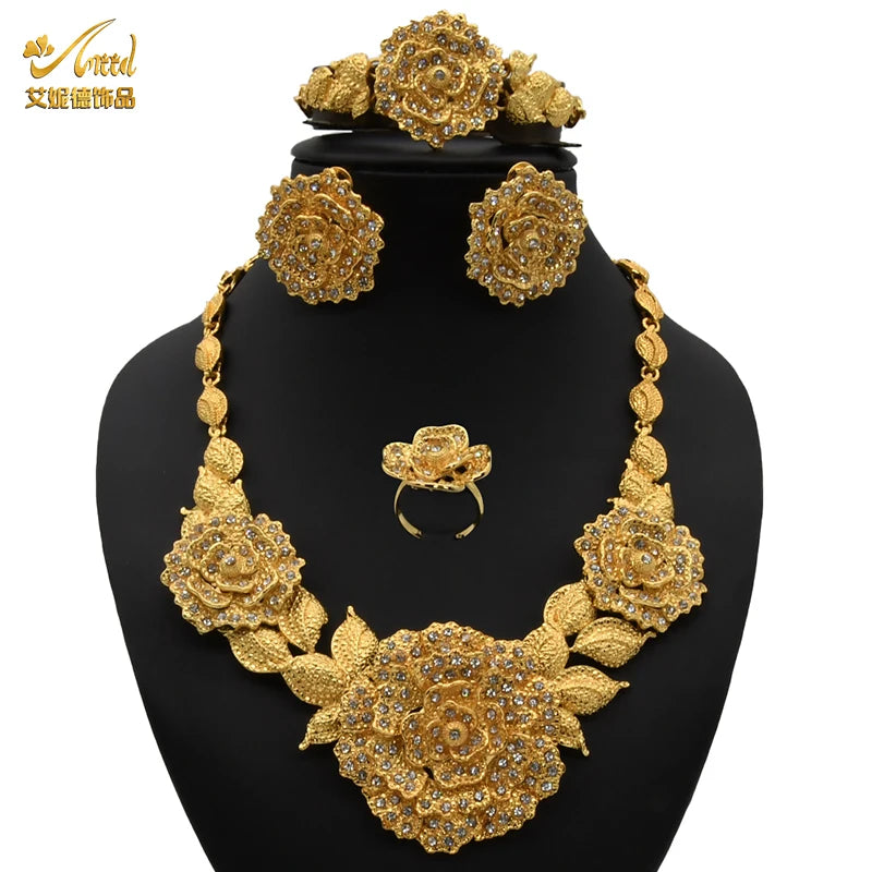 ANIID-Ensembles de bijoux africains pour femmes, boucles d'oreilles fleur, collier ras du cou, bracelet, hawaïen, indien, Dubaï, bijoux dorés, accessoires