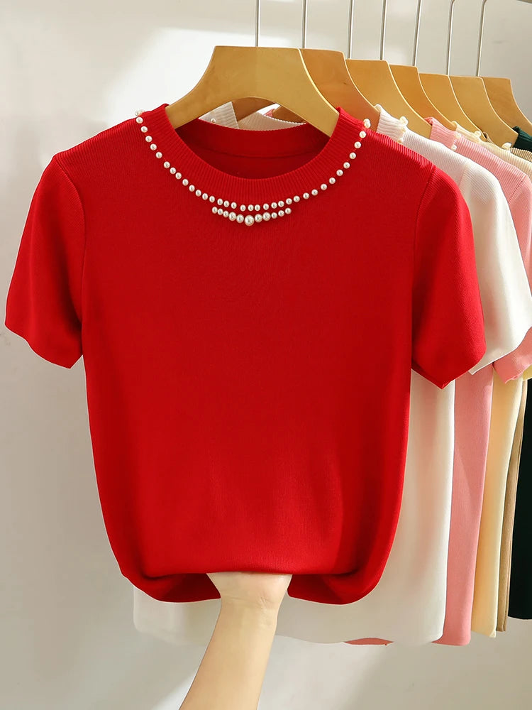 Corée tricoté T-shirt femmes haut solide réservoir Y2K été nouvelle mode femme sans manches perles décontracté mince hauts 2025