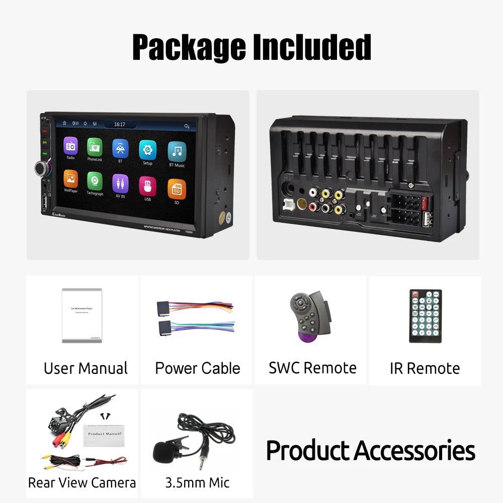 Unité principale autoradio ESSGOO 7 pouces sans fil Apple CarPlay Android Auto Double DIN Radio AUX FM Bluetooth USB TF Touchscreen Mirror Link