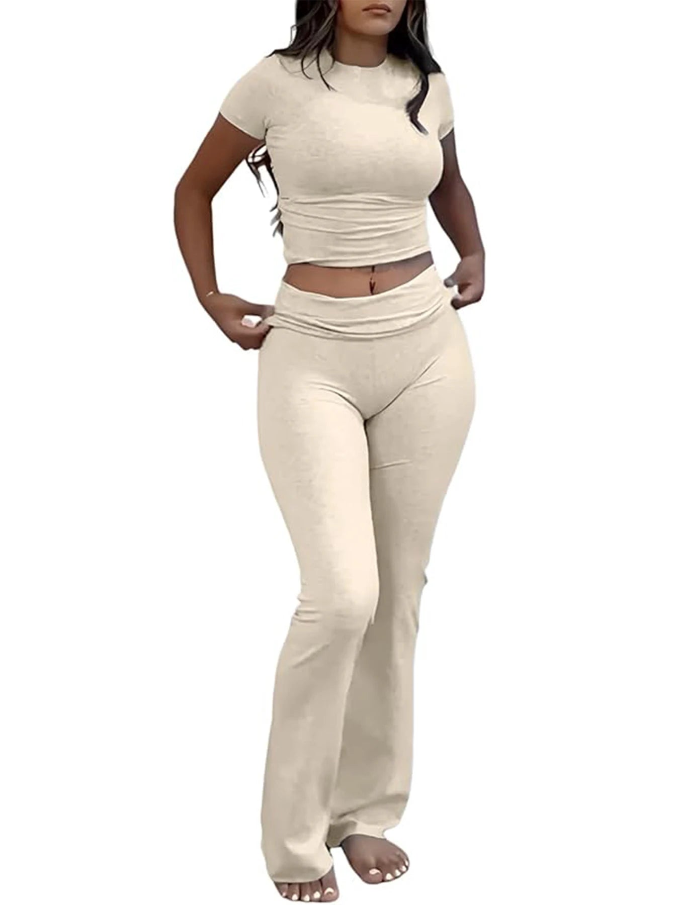 Tenue d'entraînement deux pièces décontractée pour femmes, manches courtes, taille haute, pantalon évasé pliable, ensembles de survêtement, Streetwear