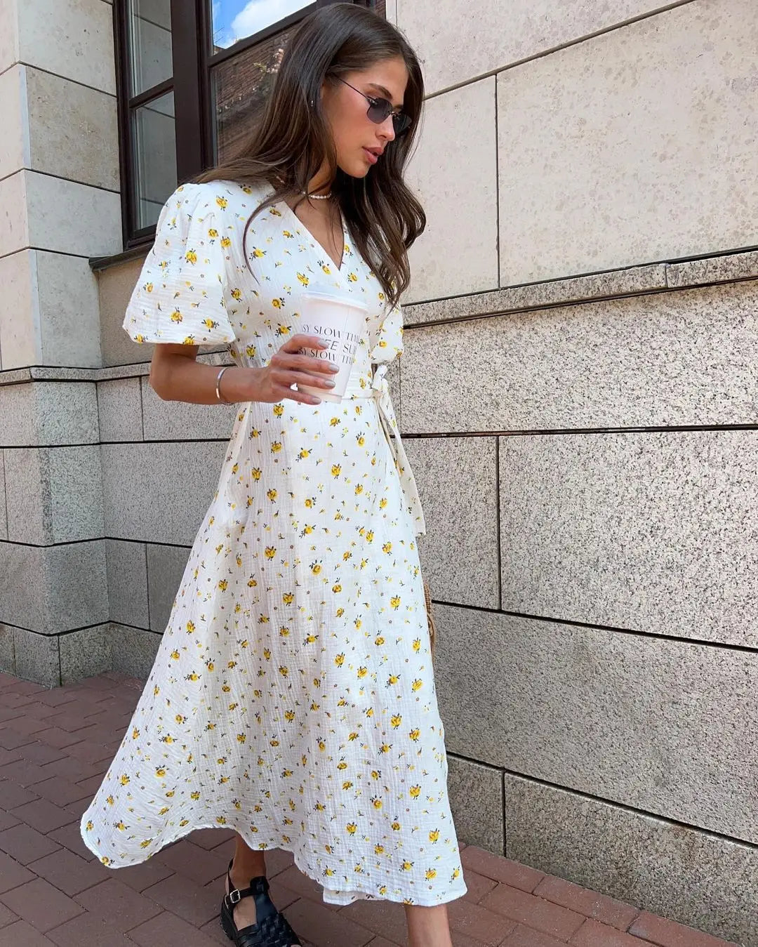 Bornladie Women Psrinted Lace Up Dress Summer Short Sleeve Fashion Office Lady Long Dress 100% Cotton Daily Casual V-neck Skirt