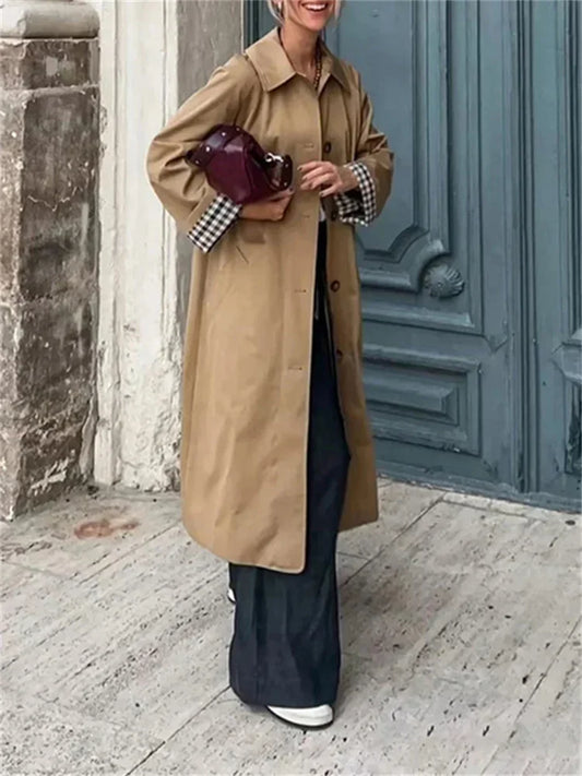 Trench-Coat classique mi-long pour femme, doublure à carreaux, simple boutonnage, col rabattu, coupe-vent ample, automne hiver